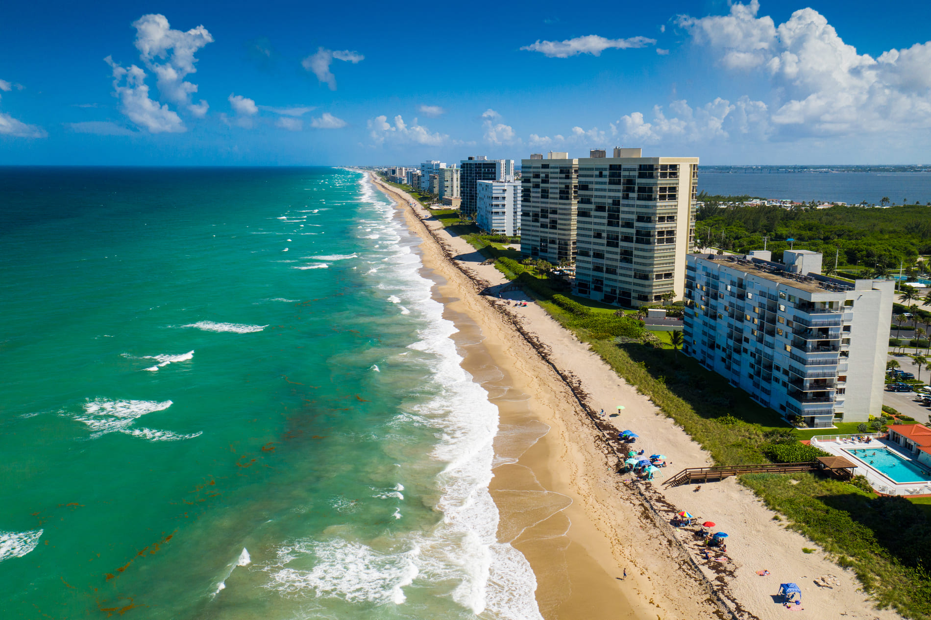 Aerial image of condos along the water on Hutchinson Island, Florida.